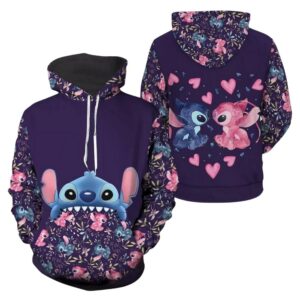 Stitch And Angel Couple Hearts Love Lilo And Stitch Floral All Over Print Hoodie