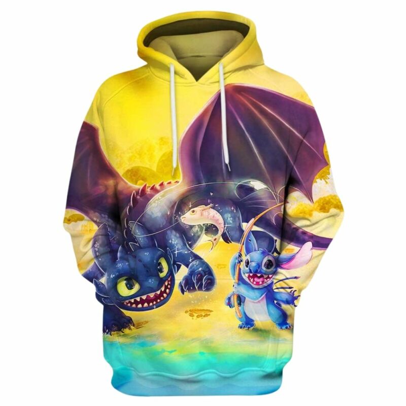 Stitch and toothless go fishing 3d hoodie 1