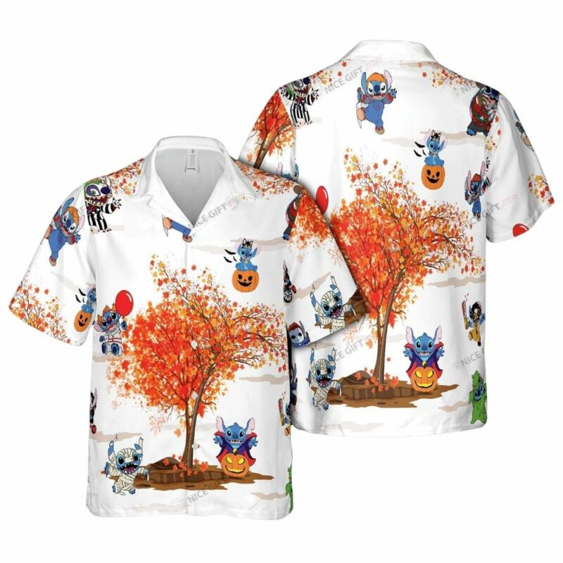 Stitch celebrates the spooky season fall and halloween hawaiian shirt 1