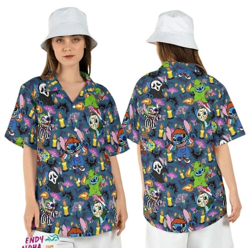 Stitch horror movie characters cute halloween friends hawaiian shirt 1 1