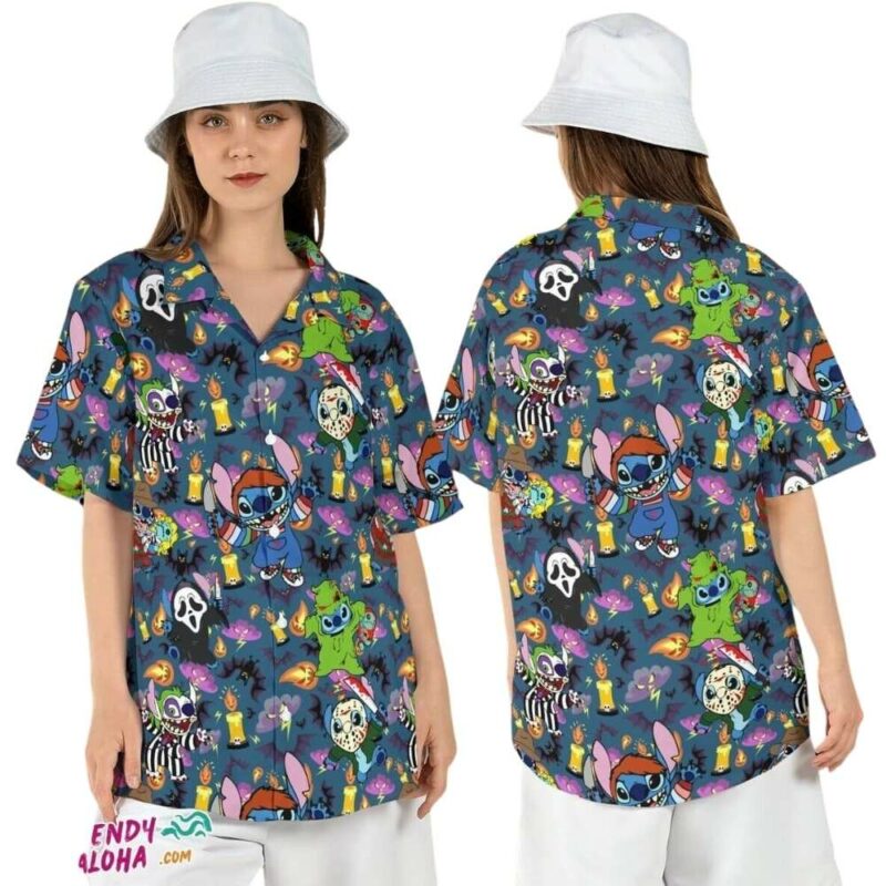 Stitch horror movie characters cute halloween friends hawaiian shirt 1