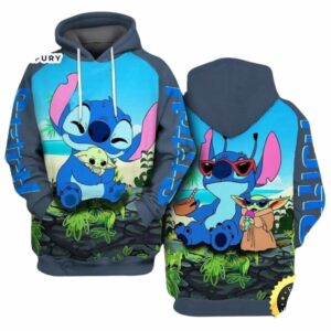 Stitch Hug Baby Yoda All Over Print Hoodie
