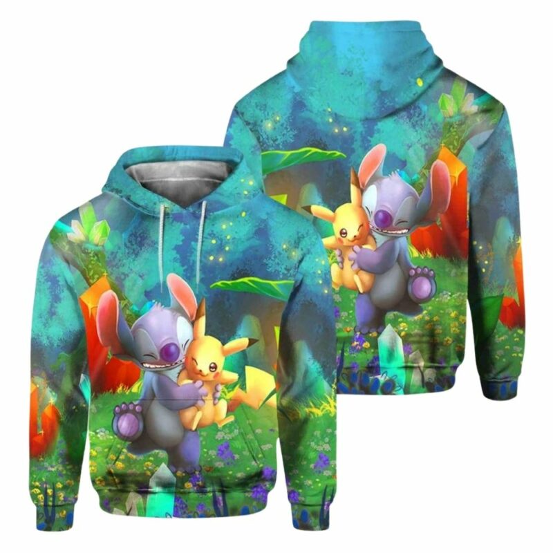 Stitch hug pikachu 3d hoodie 1