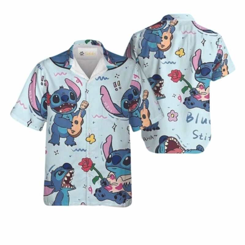Stitch playing guitar stitch summer beach vacation hawaiian shirt 1
