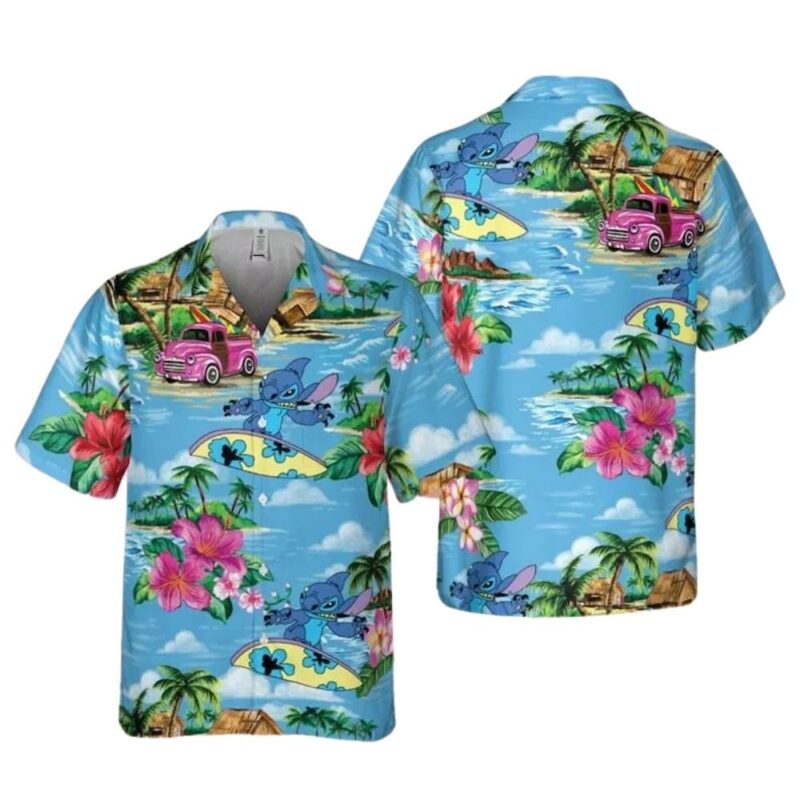 Stitch surfing tropical palm tree hibiscus flowers summer beach hawaiian shirt 1