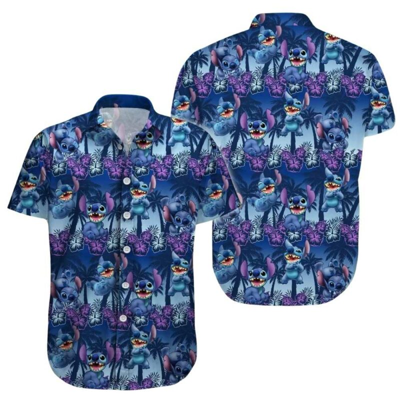 Stitch tropical palm tree hibiscus flowers hawaiian shirt 1
