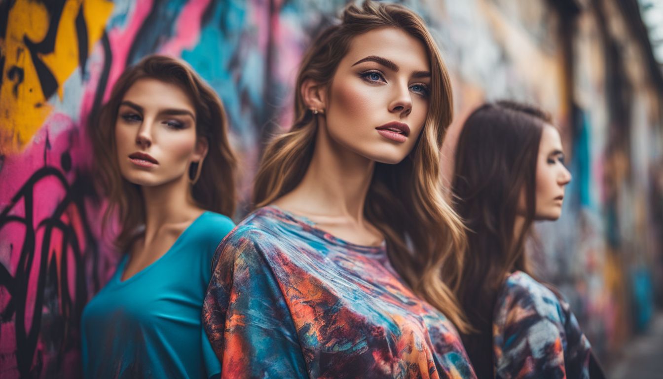 Models wearing vibrant, abstract patterned T-shirts in urban graffiti background.