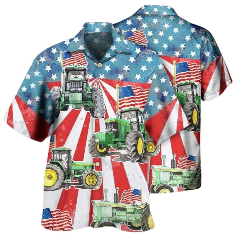 Tractor independence day watercolor tractor us flag hawaiian shirt 1