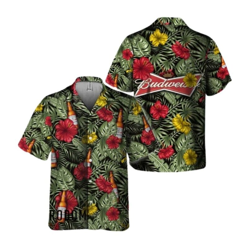 Tropical Flower With Palm Leaves Budweiser Hawaiian Shirt