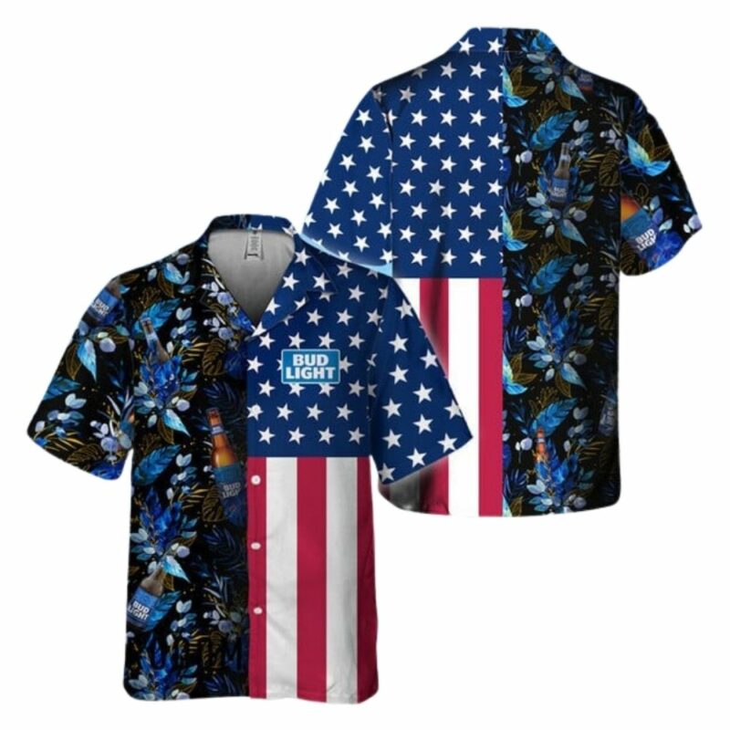 Us Flag Bud Light Tropical Flowers Hawaiian Shirt 1