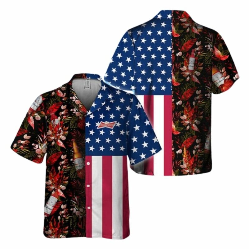 Us Flag Budweiser Tropical Flowers Hawaiian Shirt 1