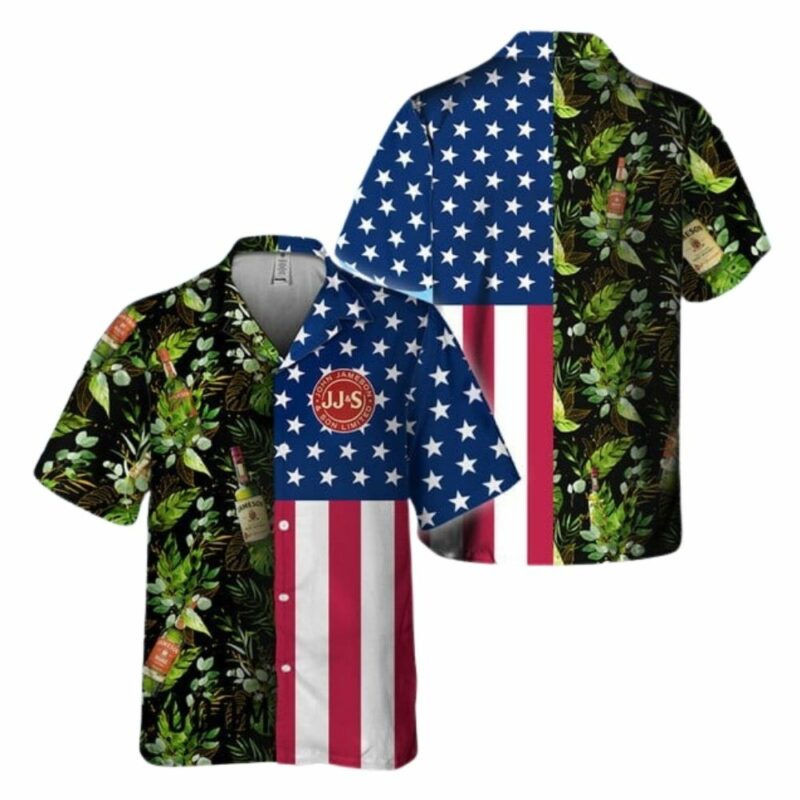 Us Flag Jameson Whiskey Tropical Flowers Hawaiian Shirt 1