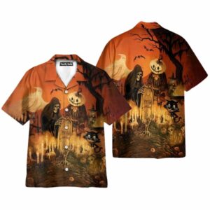 Vintage Halloween Grim Reaper And Black Cat Hawaiian Shirt