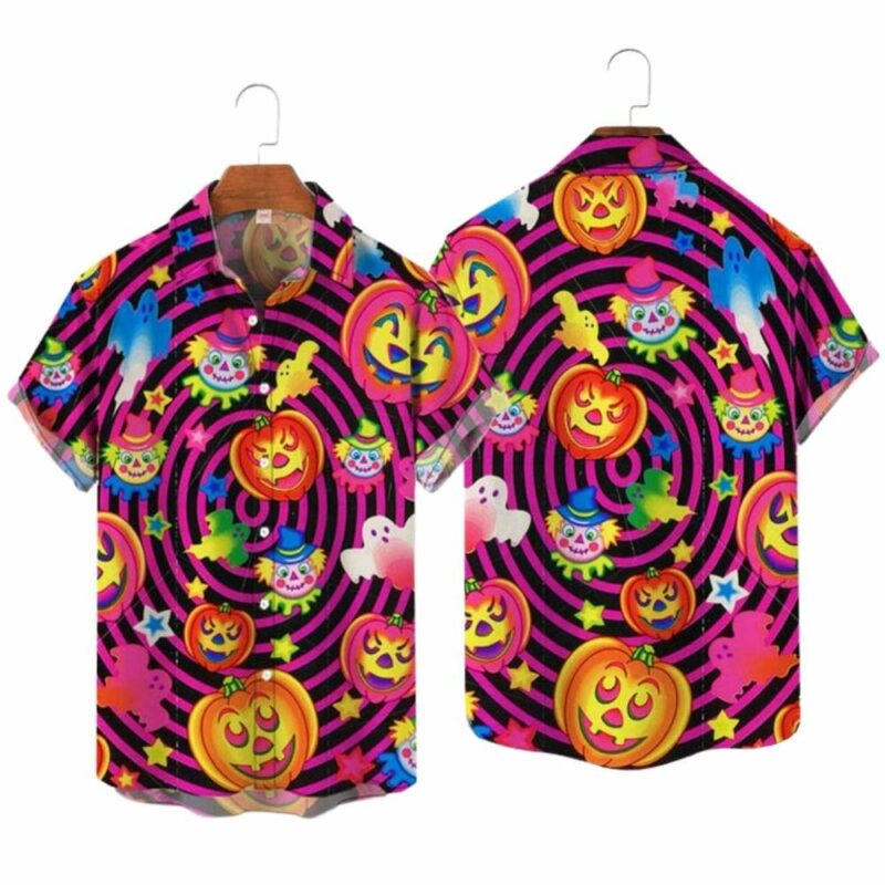 Vintage halloween psychedelic hippie pumpkins and clowns hawaiian shirt 1