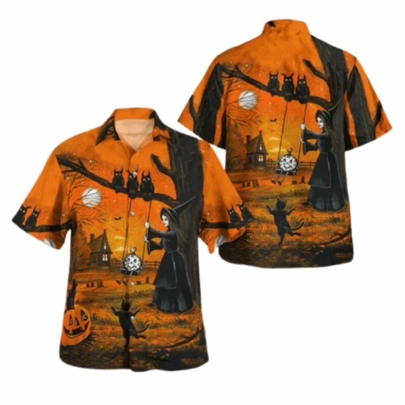 Witch with owls and black cats halloween hawaiian shirt 1